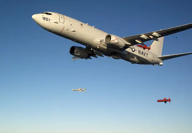 P-8A Poseidon during Harpoon release testing. Picture: US Navy