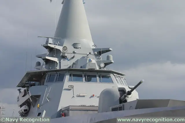 Close Up view of RSS Independence's main gun, pilothouse and integrated mast