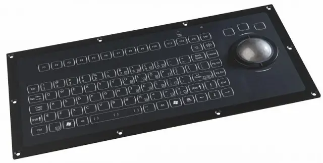 This "Duralight" 92 keys backlit keyboard is approved for use with Solas Marine applications (f.i ECDIS). The keyboard features a compact full MF keyboard with integrated numpad and a large 50mm laser trackball with removable ball.