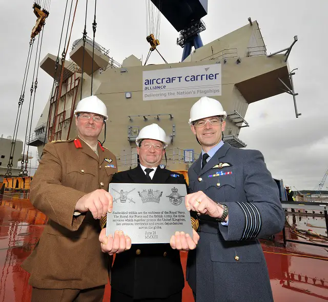 THE AFT island of HMS Queen Elizabeth was lowered into place by Aircraft Carrier Alliance workers in a historic ceremony today (June 28). At the sound of airhorns operated by apprentices Gordon Currie (19) and Chris McArthur (22), teams operating the Goliath crane lowered the iconic section, known as Upper Block 14, the final few feet into place.