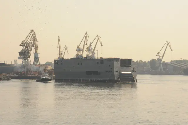 The stern of the Russian Navy's first Mistral-class helicopter carrier was floated out on Wednesday, a Russian shipyard said. The Vladivostok is to enter service with the Russian Navy next year, Baltiisky shipyard chief Alexander Voznesensky said.