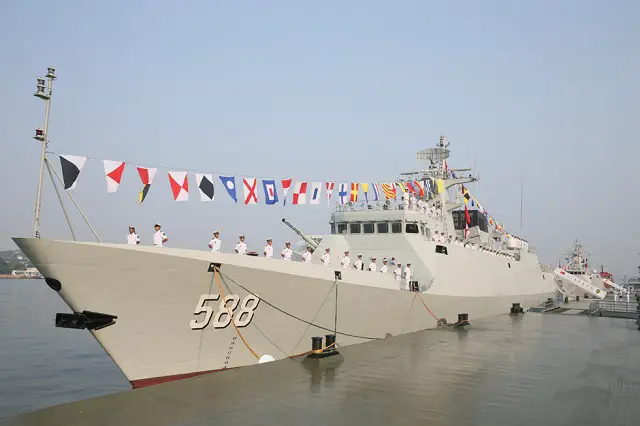 A commissioning, naming and flag-presenting ceremony of the new "Quanzhou" corvette (locally designated guided missile frigate) of the Chinese Navy (PLAN) was held solemnly at a naval port in Xiamen city, east China's Fujian province, on the morning of August 8, 2014, marking that the warship is officially commissioned to the PLAN.. "Quanzhou" is the eleventh Type 056 Corvette (Jiangdao class).