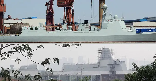 Type 052D destroyer (top) compared with the Type 055 SIF model (bottom). The HQ-10 missile launcher (RAM like) located aft was used to put both pictures at the same scale. It looks like Type 055 will be quite larger than Type 052D.
