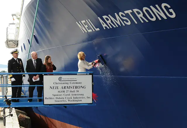 Chief of Naval Research Rear Adm. Matthew Klunder joined family members of the late Neil Armstrong March 29 to christen the Navy's newest research ship, named for the legendary astronaut and first man to walk on the moon.