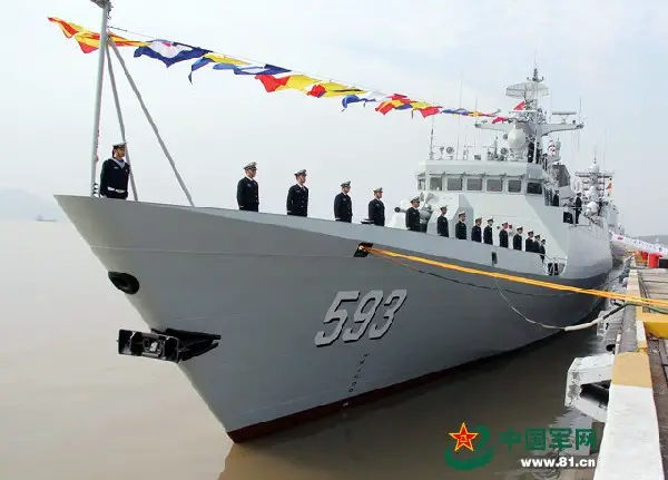 A commissioning, naming and flag-presenting ceremony of the new "Quanzhou" corvette (locally designated guided missile frigate) of the Chinese Navy (PLAN) was held solemnly at a naval port in Xiamen city, east China's Fujian province, on the morning of August 8, 2014, marking that the warship is officially commissioned to the PLAN.. "Quanzhou" is the eleventh Type 056 Corvette (Jiangdao class).