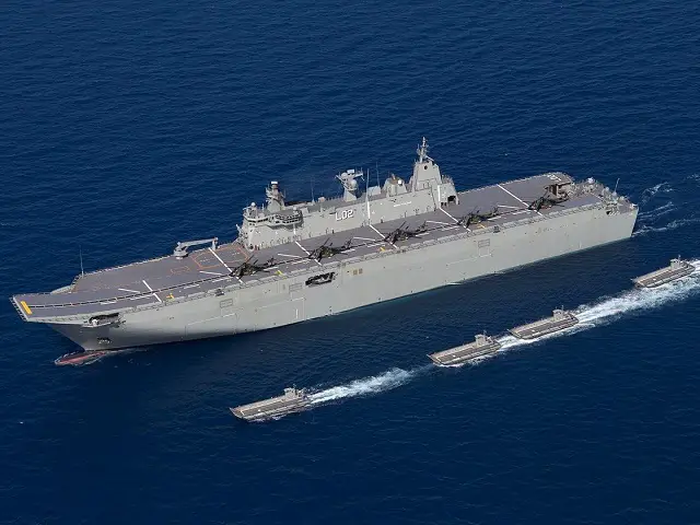 HMAS Canberra demonstration the new Australian Amphibious Ready Element (ARE) with MRH-90 helicopters on deck and the four landing craft. Picture: RAN
