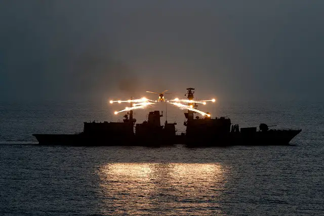 The Royal Navy released some stunning images showing the Lynx MK 8 helicopter from 815 Squadron, Royal Naval Air Station Yeovilton, litting up the night sky with her decoy flares as part of an exercise in the Indian Ocean.