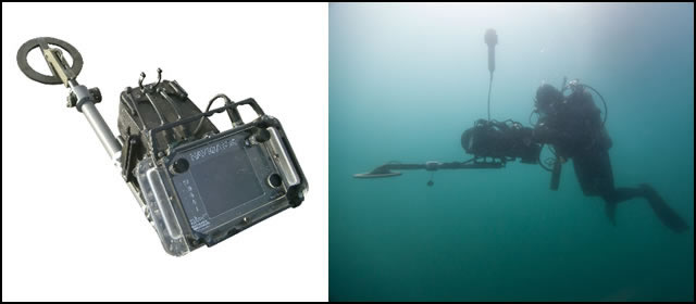 Shark Marine Technologies Inc. announces the integration of the Ebinger 725K Underwater Metal Detector with its own Navigator diver-held imaging sonar and navigation system. This integration provides the diver with another valuable underwater tool whose collected data can now be completely geo-referenced to the location of the diver using it. 