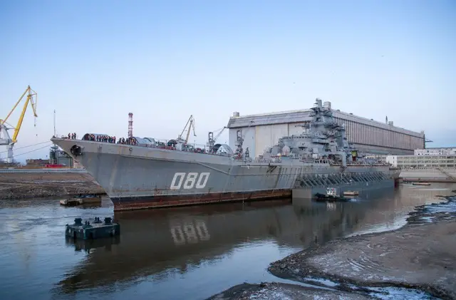 The Admiral Nakhimov nuclear-powered missile cruiser (project 1144.2) is being overhauled in the dry dock at Sevmash shipyard in Severodvinsk in November 2014. Picture: Sevmash 