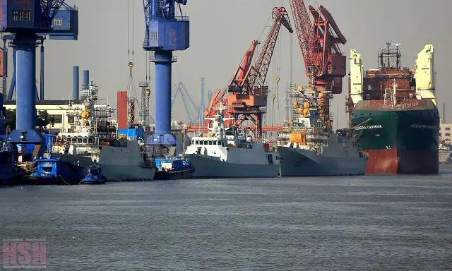 Meanwhile the 20th and 23rd Type 056 Corvette for the PLAN and the second C28A Corvette for Algerian Navy (from left to right) are at systems outfitting stage at Hudong shipyard.