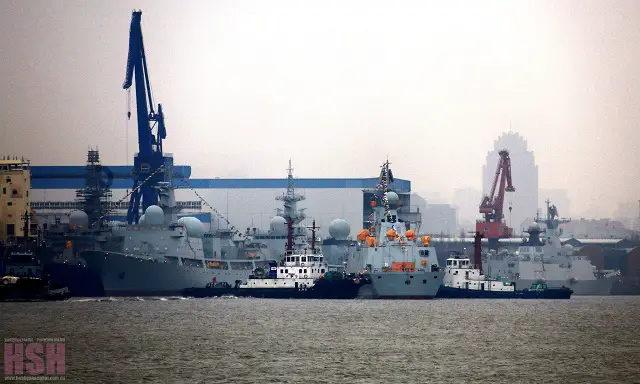 The Type 054A Frigate (right) and Type 815G ship (left) in the same picture