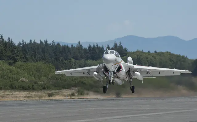 The U.S. Navy's last operational EA-6B Prowler, designed and built by Northrop Grumman, lifts off from Naval Air Station Whidbey Island, Wash. in a ceremonial fly-away June 27 from its long time operational base. The Navy is retiring the Prowler after nearly 45 years of service. Photo by Edgar Mills, Northrop Grumman