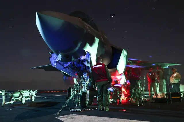 Marines load ordnance onto an F-35B Lightning II during Operational Testing 1 aboard USS Wasp at sea, May 27. Marines and sailors have been working together since May 18 to assess the integration of the F-35B Lightning II, which is currently on track to replace the F/A-18 Hornet, EA-6B Prowler, and the AV-8B Harrier. By the end of the testing period on May 29, U.S. Marine pilots had flown 110 F-35B sorties from USS Wasp, racking up more than 85 flight hours. (U.S. Marine Corps Photo by Cpl. Anne K. Henry/Released)