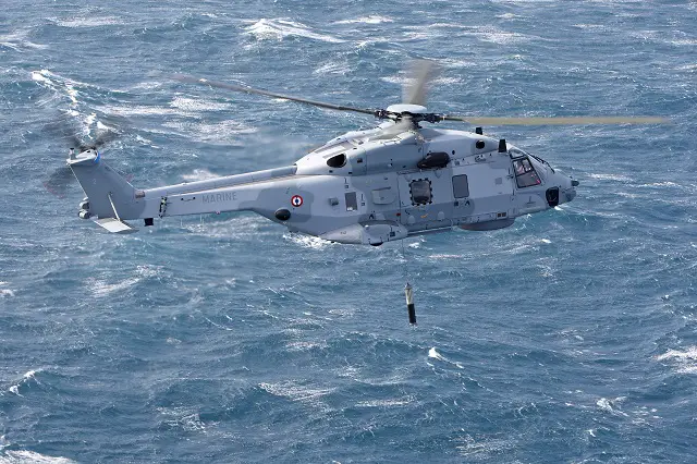 A French Navy NH90 NFH Caïman is deploying its FLASH dipping sonar. Picture: A.Pecchi/NHI