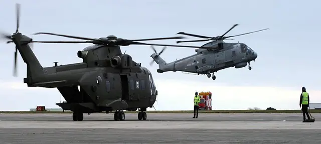 A "green" Merlin Mk3 (foreground) and a "grey" Merlin Mk2 (background). The AgustaWestland Merlin Mk2 is the anti-submarine warfare and maritime surveillance helicopter of the Royal Navy. The Mk3 variant was transfered from the Royal Air Force to the Royal Navy to take on the demanding Commando Role (from ship to shore operations). The current Merlin Mk3 fleet will undergo an upgrade package through an interim model. It will then move towards the advanced Merlin Mk4. 