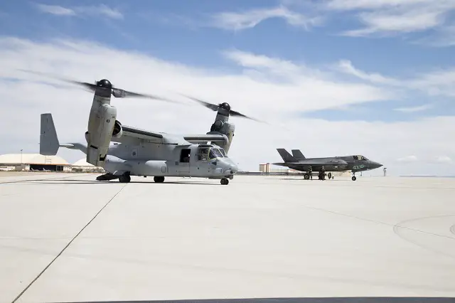 A U.S. Marine Corps MV-22B Osprey descended on Edwards to link up with a Marine F-35B Joint Strike Fighter April 28. Both aircraft are assigned to Marine Operational Test & Evaluation Squadron 22 (VMX-22) out of Marine Corps Air Station Yuma in Arizona. VMX-22 has a detachment here where Marines are testing and evaluating their version of the JSF, which is the short take-off and vertical landing variant.