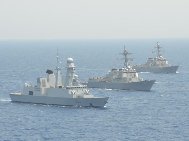 In another example of the high interoperability between the French Navy (Marine Nationale) and the US Navy, the Horizon-class AAW Destroyer Forbin (classified as "Frigate" in the French Navy) is currently at the head of a combined mission with US Navy Arleigh Burke-class destroyers USS Roosvelt (DDG 80) and USS Mason (DDG 87) with the occasional presence of Ticonderoga-class guided-missile cruiser USS Monterey (CG-61) as well.