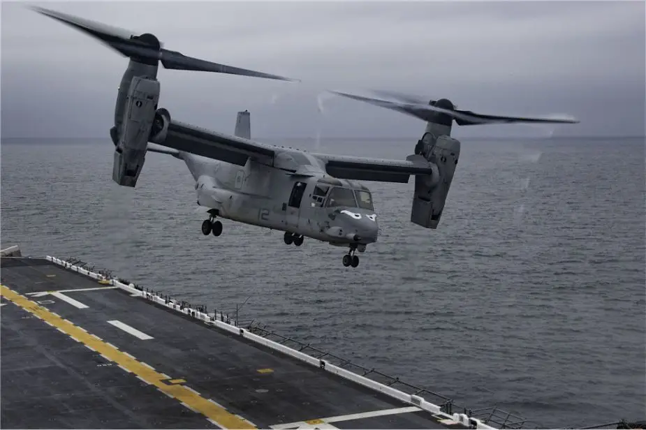 US Navy Amphibious assault ship USS Essex LHD 2 conducts flight operations with MV 22 aircraft 925 001