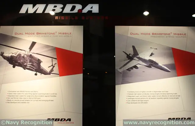 At the Navy League’s 2014 Sea-Air-Space Exposition, MBDA Inc. has an F/A-18E Super Hornet scale model fitted with 12 dual mode Brimstone missiles. Incorporating an advanced dual mode seeker, Brimstone is effective against the most challenging, high speed and maneuvering targets over land and at sea.