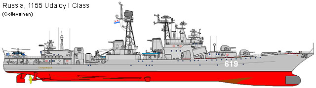 The Udaloy I class was developed by the Northern Design Bureau in the 1970ies. According to the original tactical and technical specifications the class was designed to adress deficiencies found in project 1135 frigates (notably the lack of helicopters and a weak sonar). Project 1155 were originaly very highly specialized anti-submarine vessel, not designed to serve as defense or anti-surface vessels. As a result, anti-aircraft and anti-ship armament of the first ships of the class was limited to self-defense.