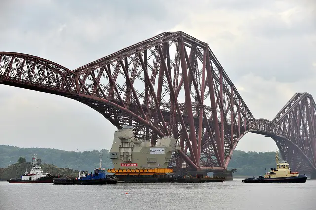THE HUGE aft island of HMS Queen Elizabeth passed under the Forth Bridge today (Friday June 21) as it made its way to Rosyth, where the ship is being assembled. The iconic section, known as Upper Block 14, was constructed in 90 weeks by Aircraft Carrier Alliance workers at BAE Systems in Scotstoun. The aft island houses HMS Queen Elizabeth’s air traffic control systems and will be the centre of all on-board flight operations.