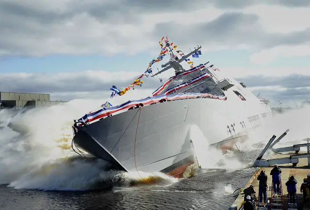 The Lockheed Martin-led industry team launched the nation's seventh Littoral Combat Ship (LCS), Detroit, into the Menominee River at the Marinette Marine Corporation (MMC) shipyard. The ship’s sponsor, Mrs. Barbara Levin, christened Detroit with the traditional smashing of a champagne bottle across the ship's bow just prior to the launch. 