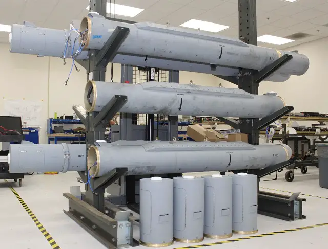 Several Intrepid Tiger II electronic communications jammer pods are ready for additional software and other components. The jammer is about the size of an AGM-88 High-speed Anti-Radiation missile. (U.S. Navy photo)