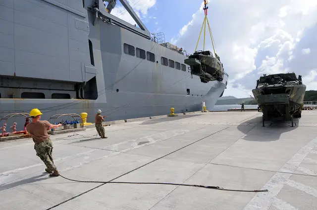 Sailors assigned to Commander, Navy Expeditionary Forces Command Pacific (CTF-75), Coastal Riverine Squadron 3 and Naval Mobile Construction Battalion 133 aided in off-loading two Riverine Command Boats (RCBs) from USNS Soderman (T-AKR 317) and transported to Naval Base Guam, Nov 24. The new boats will bring added versatility to CTF-75, increasing capabilities and readiness in the U.S. 7th Fleet area of responsibility.
