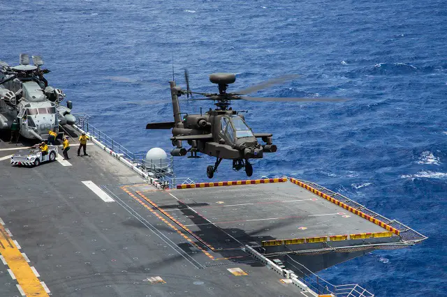 AH-64E Apache Guardians from 1st Armed Reconnaissance Battalion, 25th Aviation Regiment, 25th Combat Aviation Brigade, 25th Infantry Division, conducted deck landing qualifications aboard the amphibious assault ship USS Peleliu (LHA 5) off the coast of Hawaii, July 19, as part of the Navy’s Rim of the Pacific Exercise 2014.