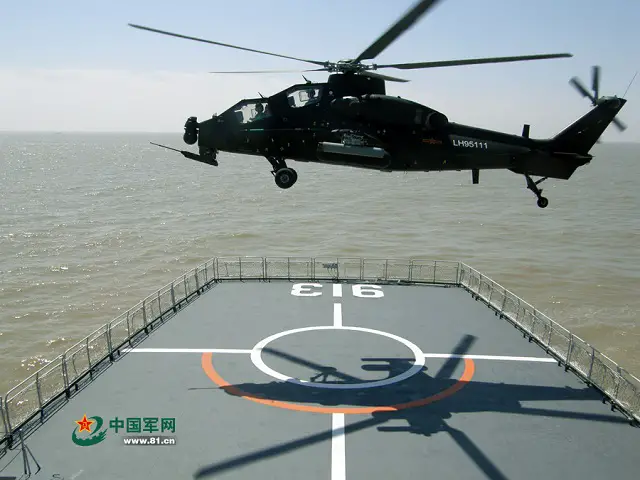 The Chinese Army (PLA) released some interesting pictures showing a Z-10 attack helicopter conducting deck trials at sea with a Chinese Navy (PLAN) Type 072A-class landing ship (NATO designation Yuting-III-class). The helicopter reportedly belongs to the 5th helicopter brigade of the 1st Army of the Nanjing Military Region while the vessel is from the East Sea Fleet of the PLA Navy (hull number 913 "Baxian Shan").