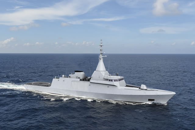 The Egyptian Navy future GOWIND class corvette. They will be fitted with 8x Exocet MM40 Block 3 anti-ship missiles, 16x VL MICA surface to air missiles (both by MBDA), Torpedoes, a 76mm main gun (Oto Melara) and 2x 20mm remote weapon stations. Image: DCNS