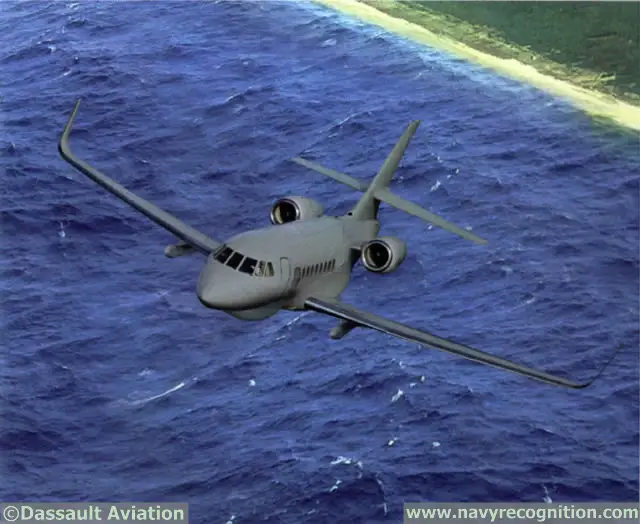 Artist Impression of a Falcon 2000 MRA on patrol fitted with two anti-ship missiles