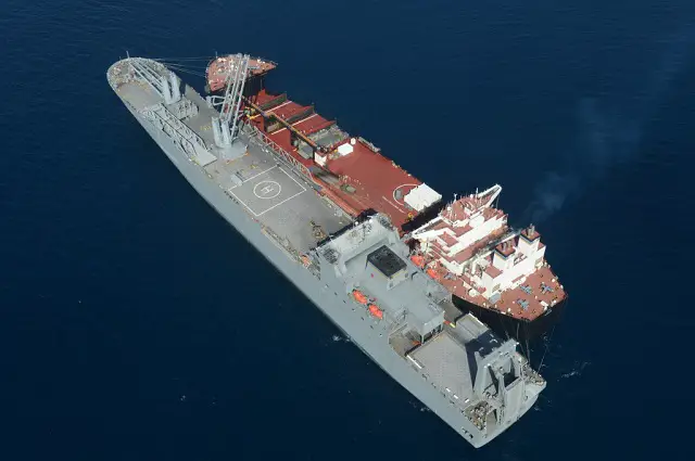 USNS Montford Point (MLP 1) and vehicle cargo ship USNS Bob Hope (T-AKR 300) are moored alongside of each other during vehicle transfer operations.