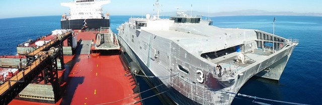 Montford Point completes mooring operations with Joint High Speed Vessel USNS Millinocket (JHSV 3), and prepares to deploy Millinocket’s vehicle ramp.
