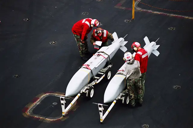  Aviation Ordnancemen assigned to G-1 Division inspect Joint Stand Off Weapons (JSOW) aboard USS Abraham Lincoln (CVN 72) before transferring them to waiting aircraft. Picture: US Navy