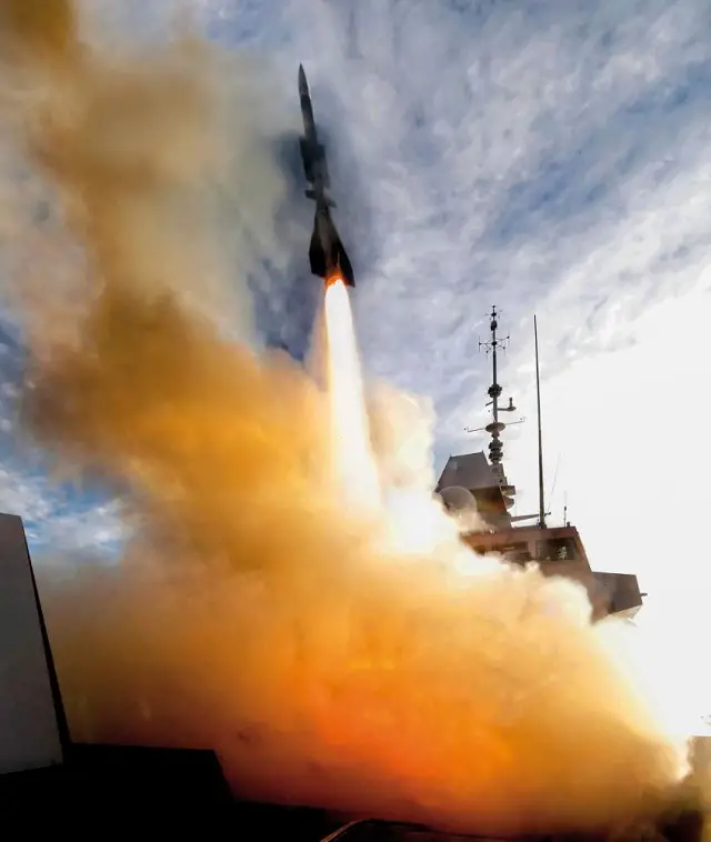An Aster 15 medium range surface to air missile is launched from FREMM Aquitaine, first ship of the class. Picture: MBDA