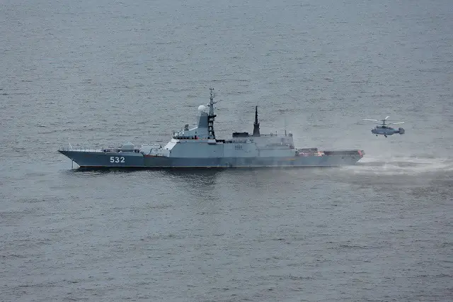 During a recent Russian Navy anti-submarine warfare (ASW) exercise, Steregushchiy class corvette Boiky (Project 2038.1) fired a live Paket-NK torpedo. The exercise also involved Parchim-class corvette Kalmykia (Project 1331M), Kilo class submarine Vyborg (Project 877) and a Kamov Ka-27 ASW helicopter.