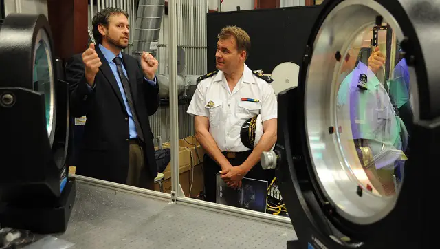 Dr. Chris Lloyd, High Energy Laser Lethality Lead at Naval Surface Warfare Center Dahlgren Division (NSWCDD), briefs French Rear Adm. Christian Dugué, Naval Technical Director for France's Defense Procurement Agency, at the NSWCDD Laser Lethality Lab during the French delegation's NSWCDD visit. Lloyd explained the importance of rigorous modeling and laboratory testing against target materials to ensure high energy laser systems are built that meet the requirements of the warfighter once fielded. NSWCDD is leveraging its knowledge of electromagnetic launchers, hypervelocity projectiles, and directed energy weapons, in addition to its established core capabilities in complex warfare systems development and integration to incorporate electric weapons technology into existing and future fighting forces and platforms. (Photo by U.S. Navy)