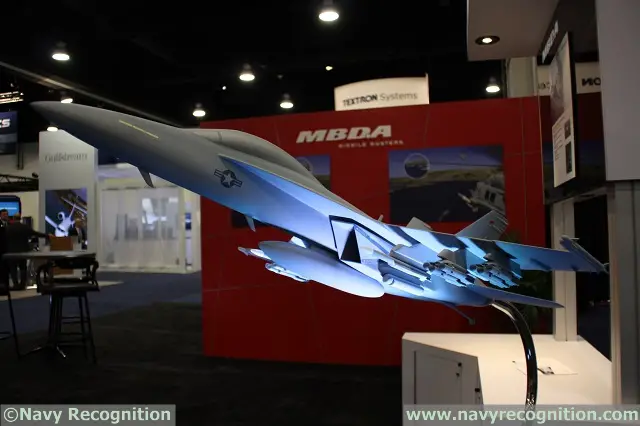 F/A-18E Scale Model fitted with 12x Dual Mode Brimstone missile on MBDA Inc. stand at Sea Air Space 2015 exposition.