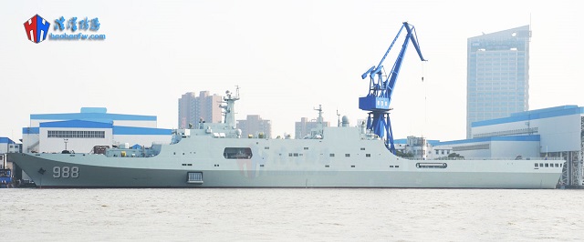 An article published on the website of the Chinese town of Linyi indicates that the fourth People's Liberation Army Navy (PLAN or Chinese Navy) Type 071 amphibious transport dock LPD Yimeng Shan (hull number 988) will be commissioned next Monday, February 1st 2016. Yimeng Shan was built by Hudong-Zhonghua Shipbuilding, a wholly owned subsidiary of China State Shipbuilding Corporation (CSSC, the largest shipbuilding group in China) as was the case for the first three Type 071 vessels.