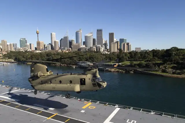 Amphibious ship, HMAS Canberra has conducted deck and handling trials with two Chinook helicopters alongside in Sydney recently. The aircraft, from the 5th Aviation Regiment, based in Townsville will go on to conduct first of class flight trials with Canberra's sister ship, HMAS Adelaide. 