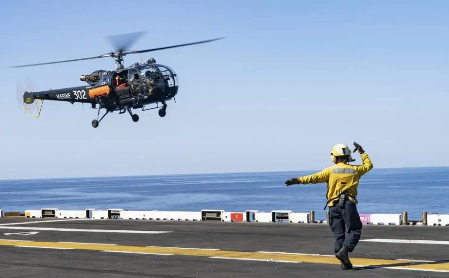 French Navy Alouette III helicopter conducts deck landing qualification aboard US Navy USS Bataan LHD 5 925 001