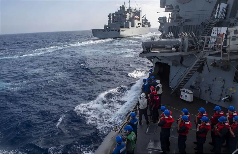 Arleigh Burke class guided missile destroyer USS Mustin has conducted replenishment operation in Philippine Sea 925 001