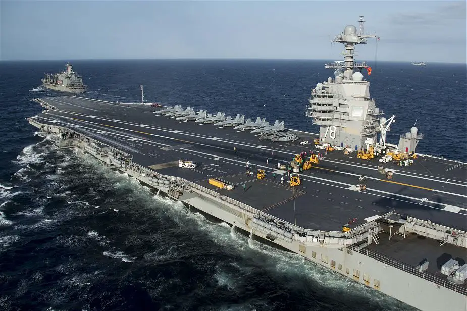 U.S. Navy aircraft carrier USS Gerald R. Ford CVN 78 performs a  replenishment-at-sea