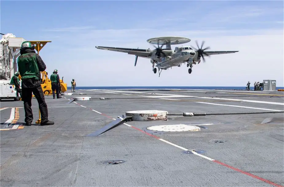 US Navy aircraft carrier USS Gerald R. Ford transition to E 2D Advanced Hawkeye airborne surveillance aircraft 925 001