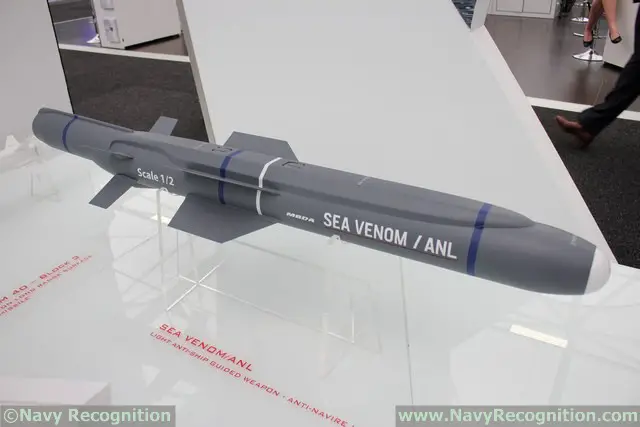 Designed to deal with a target spectrum ranging from FIACs to corvettes and typical littoral land targets, the 110kg Sea Venom / ANL provides the launch platform with a high level of safety thanks to its 25km stand-off range. It is also designed with all the considerations of operations in cluttered , complex environments in mind. In this respect, a high-speed two-way data link allows the operator to “see” the same image as that seen by the missile’s IIR seeker as it heads towards the target, allowing changes to be made to the aim point as required. In this way, Sea Venom / ANL offers both autonomous fire-and-forget and operator in the loop engagement options.