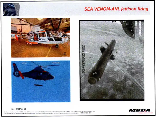 Testing of Sea Venom/Anti-Navire Leger (ANL) anti-ship missile (a key UK-French program) is well on track, Navy Recognition learned from European missile company MBDA. The first jettison test of the missile from a DGA (French defense procurement agency) helicopter took place in December 2015 in Cazaux. We were told that the first live test firing should take place "in a few months" while full development of the missile is expected to be completed in 2018.