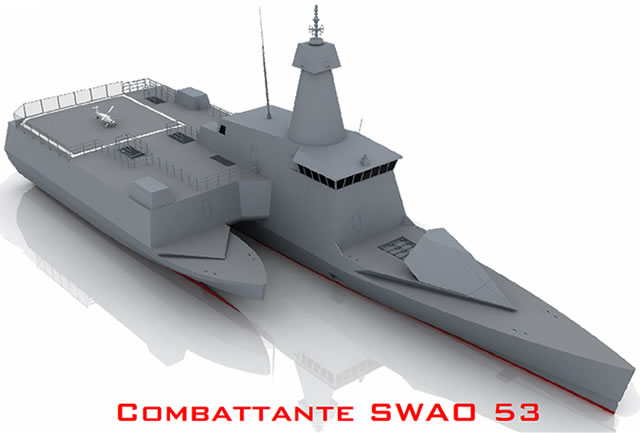 The Combattante SWAO 53 is a revolutionary stealth ship concept by CMN with a unique outrigger hull design, fitted with a large capable of accommodating both helicopters and UAVs. SWAO stands for "Small waterplane area outrigger". 